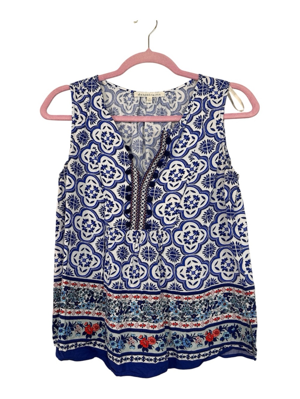 Daniel Rainn Blue White Floral Print Blouse Womens M Boho Beachy Vacation Top